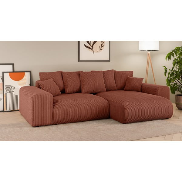 Разтегателен ъглов диван с място за съхранение от рипсено кадифе в тухлен цвят (променлив) Luma – Ropez-image-1