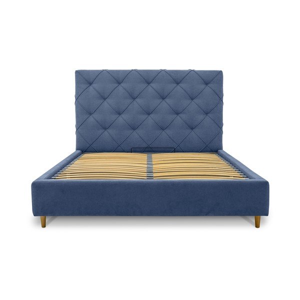 Синьо тапицирано  двойно легло с място за съхранение с включена подматрачна рамка 160x200 cm Bee – Scandic-image-3