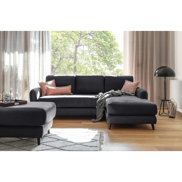 Тъмно сив ъглов диван от кадифе с подложка за крака, десен ъгъл Cosy Claire - Miuform-image-3
