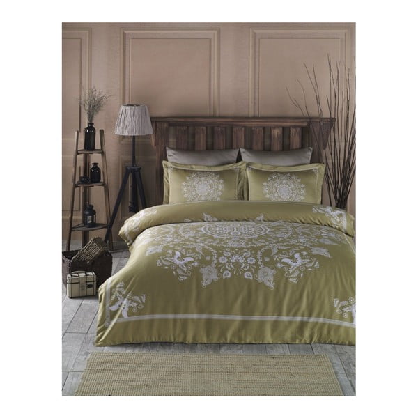 Спално бельо с памучен сатен чаршаф за двойно легло Mandala Gold, 200 x 220 cm - Unknown