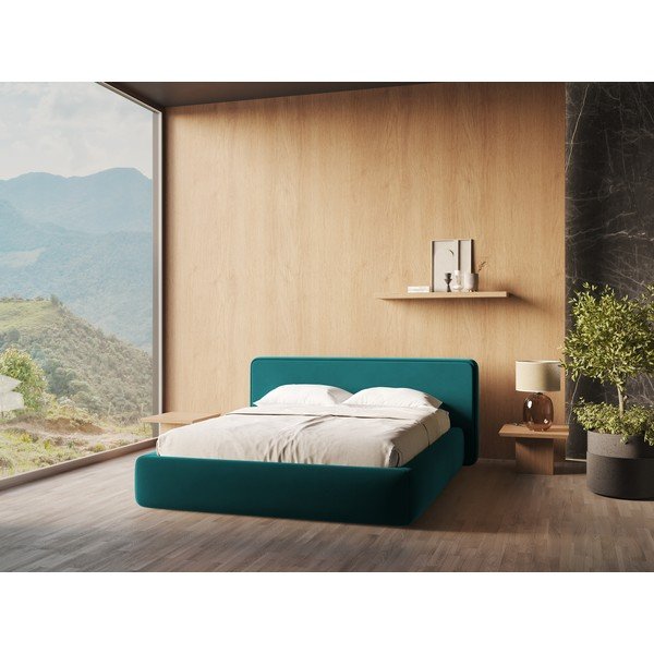 Тюркоазено двойно тапицирано легло с място за съхранение и включена подматрачна рамка 140x200 cm Kiana – Makamii-image-1