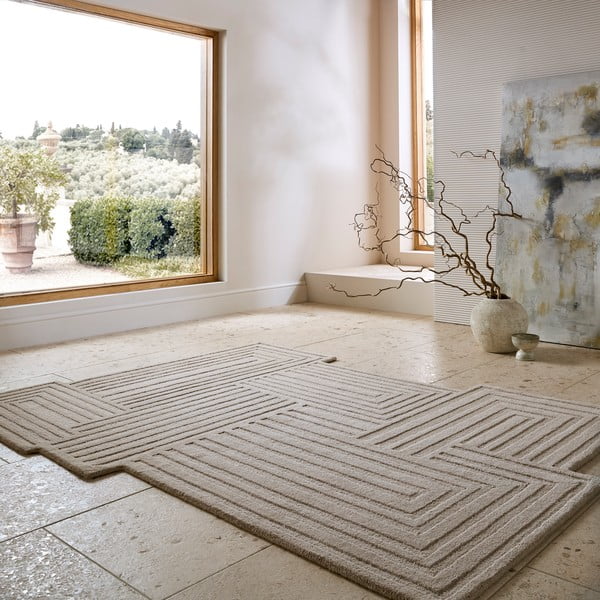 Бежов ръчно изработен вълнен килим 160x230 cm Zen Rectangles – Flair Rugs-image-1