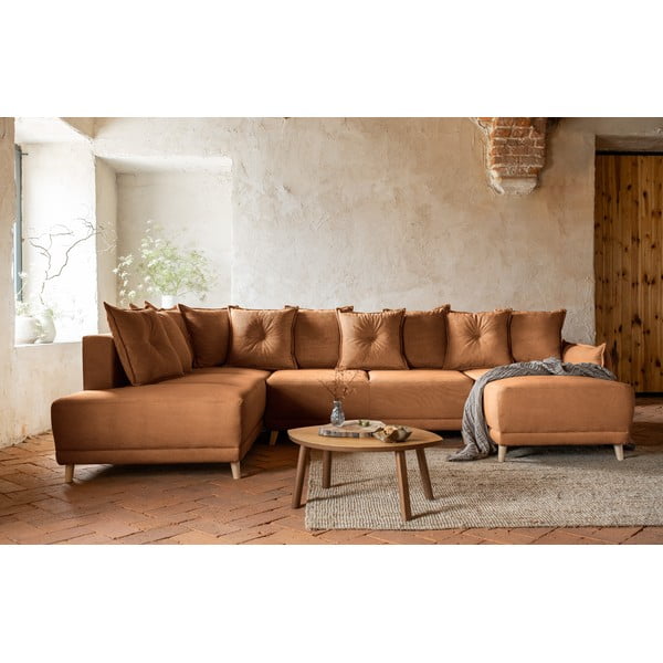 Ъглов разтегателен диван от велур в тухлен цвят (ляв ъгъл/"U") Lazy Lukka - Miuform-image-1