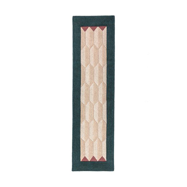 Ръчно изработена вълнена пътека в естествен цвят/тюркоазена 60x230 cm Apex Border Wool – Flair Rugs