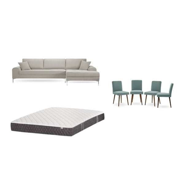 Комплект от кремав диван с мързелив диван отдясно, 4 сиво-зелени стола и матрак 160 x 200 cm - Home Essentials