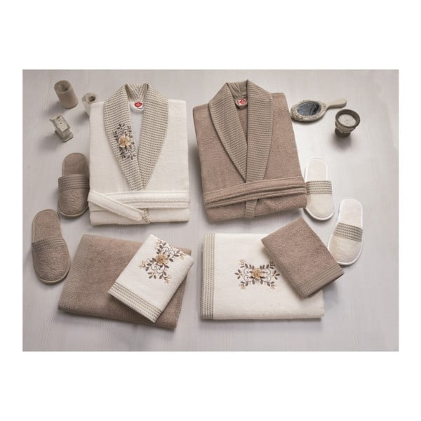 Комплект от дамски и мъжки халат, кърпи, хавлии и 2 чифта чехли в сиво и бежово Семейна баня - Mijolnir