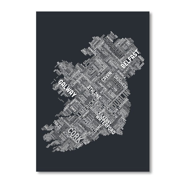 Černý plakát s mapou Irska Americanflat Towns, 60 x 42 cm