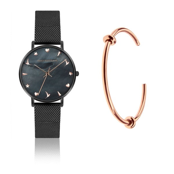 Set dámským hodinek s nerezovým páskem v černé barvě a náramku Emily Westwood Minza