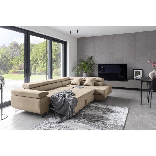 Бежов разтегателен ъглов диван с място за съхранение (десен ъгъл L форма) Anton – ELTAP-image-3