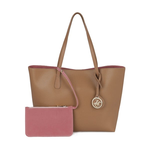Светлокафява дамска чанта с розов интериор Beverly Hills Polo Club Celeste - BHPC