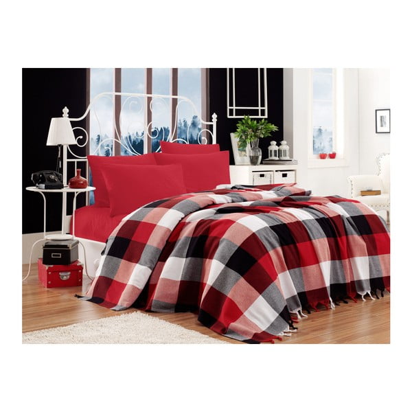 Комплект от памучна покривка за легло, чаршаф и 2 калъфки за възглавници Iskoc Red Black White, 200 x 240 cm - Unknown