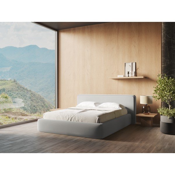 Светлосиво двойно тапицирано легло с място за съхранение и включена подматрачна рамка 160x200 cm Kiana – Makamii-image-1