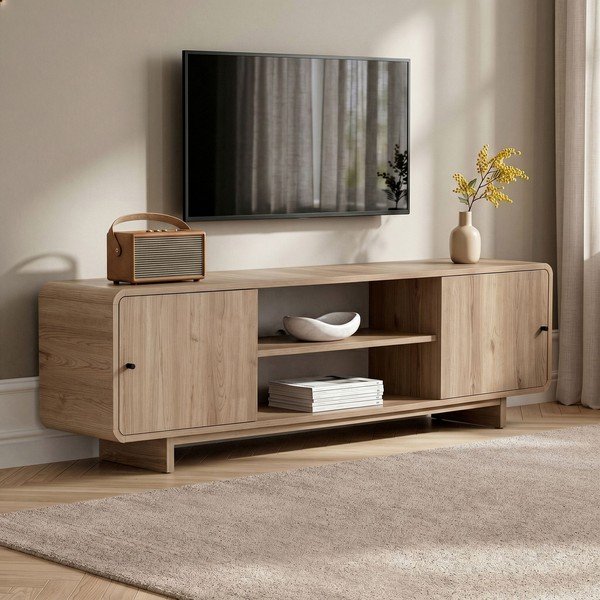 Маса за телевизор от декор от дъб  в светло естествен цвят 180x52x34 cm Mirel – Nordure-image-3
