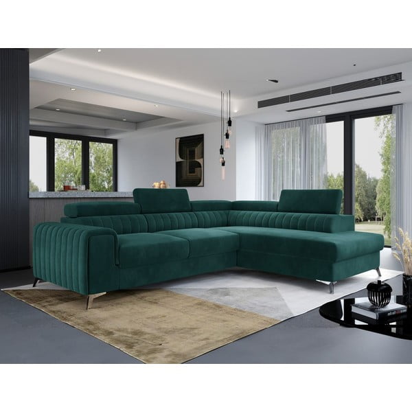 Зелен кадифен разтегателен ъглов диван с място за съхранение (десен ъгъл L форма) Laurence – ELTAP-image-1