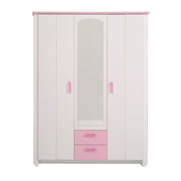 Růžová třídveřová šatní skříň se zrcadlem Parisot Amabelle