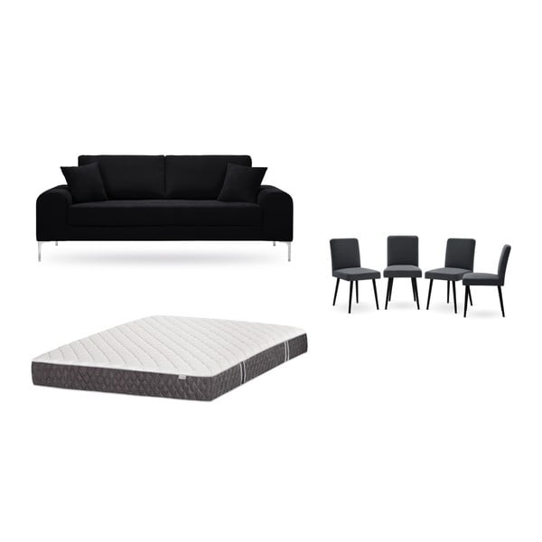 Комплект от триместен черен диван, 4 антрацитно сиви стола и матрак 160 x 200 cm - Home Essentials