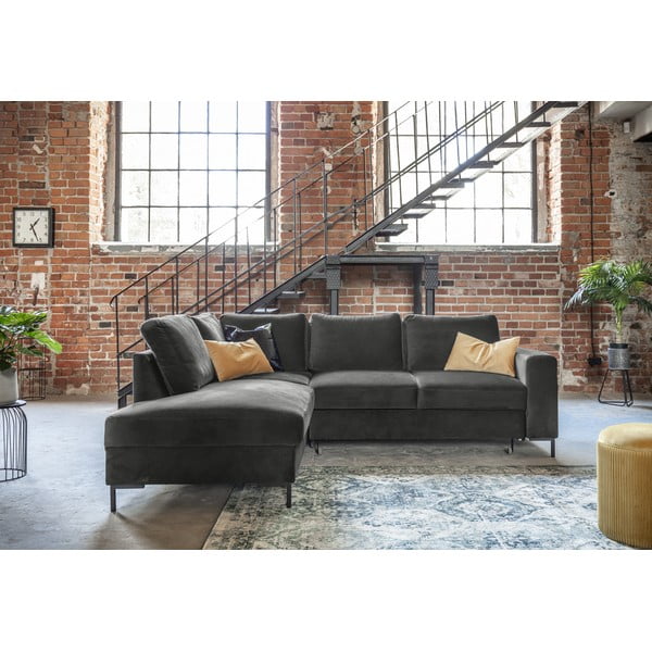 Тъмносив кадифен разтегателен ъглов диван (ляв ъгъл) Lofty Lilly – Miuform-image-1