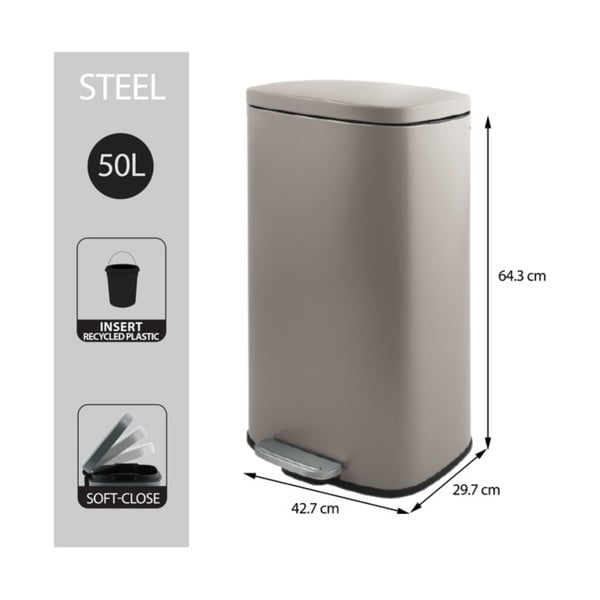Кафяво-сиво стоманено кошче за боклук с педал 50 l   Akira – Spirella-image-3