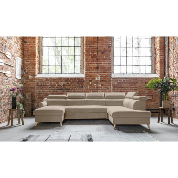 Бежов кадифен U-образен ъглов диван (десен ъгъл) Sweet Harmony - Miuform-image-1