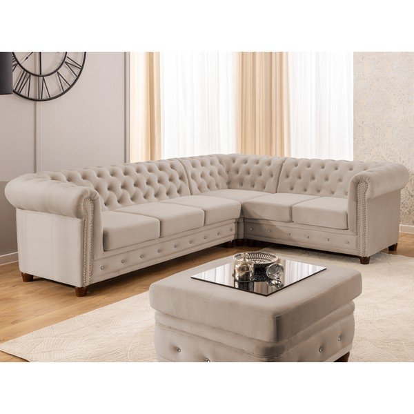 Бежов кадифен сгъваем ъглов диван (десен ъгъл/L форма) York Blik – Ropez-image-1