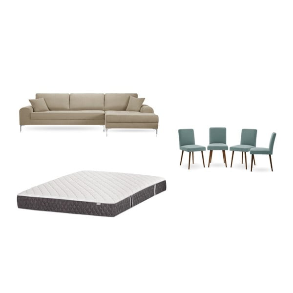 Комплект от сив и бежов диван с шезлонг вдясно, 4 сиви и зелени стола и матрак 160 x 200 cm - Home Essentials
