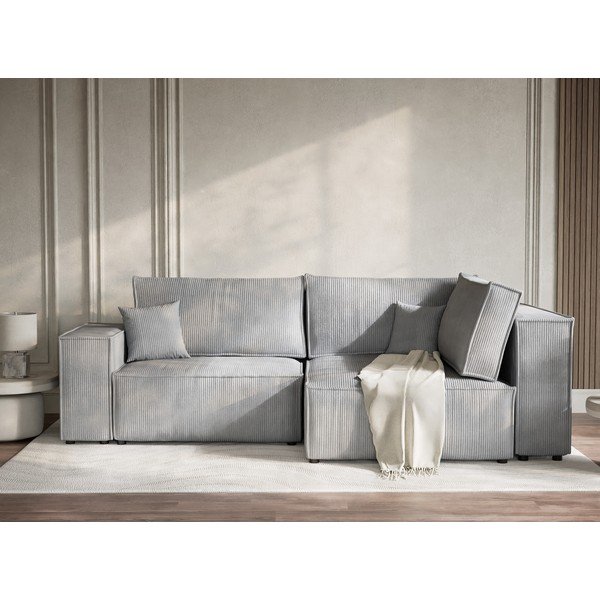 Сив сгъваем/с място за съхранение ъглов диван от рипсено кадифе (десен ъгъл/L форма) Tonga – Maison de Rêve-image-1