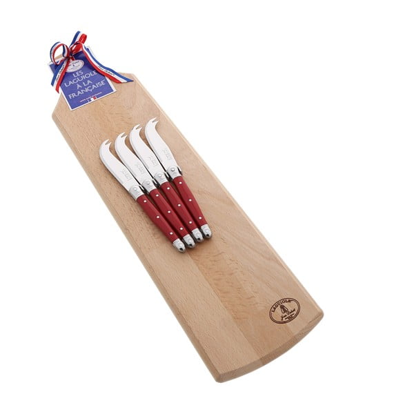 Комплект от 4 червени ножа за сервиране на сирене с дървена дъска за рязане - Jean Dubost