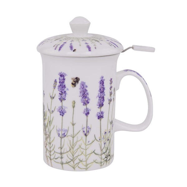 Hrnek z kostního porcelánu s pokličkou a sítkem na sypaný čaj Ashdene I Love Lavender, 320 ml