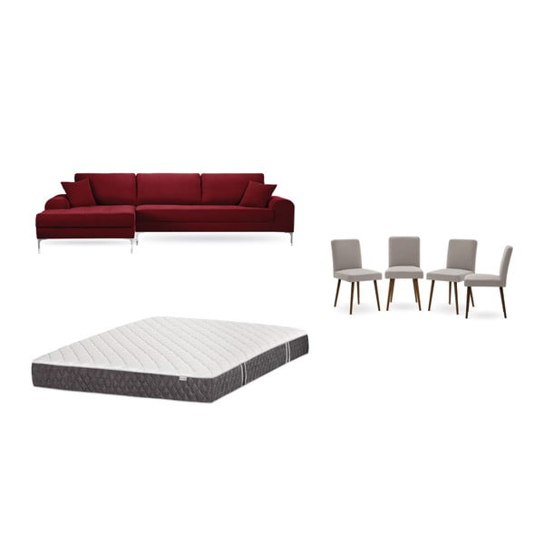 Комплект от червен диван с ляв фотьойл, 4 сиво-бежови стола и матрак 160 x 200 cm - Home Essentials