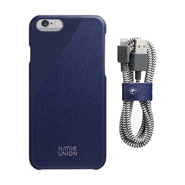 Тъмносин комплект калъф и кабел за зареждане от естествена кожа за iPhone 6 и 6S Plus Clic Leather Belt - Native Union