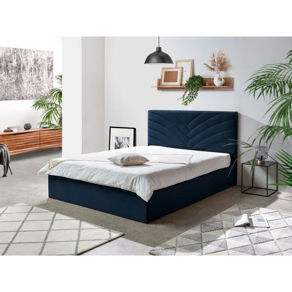 Тъмносиньо тапицирано двойно легло с място за съхранение с решетка 160x200 cm Palmyre - Bobochic Paris-image-1