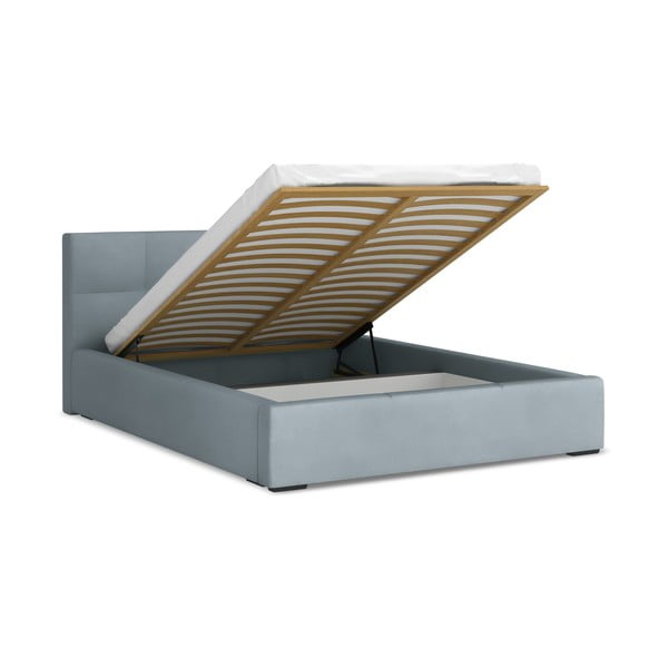Светлосиньо кадифено двойно легло 140x200 cm тапицирано с място за съхранение и включена подматрачна рамка Hiko – Makamii-image-1