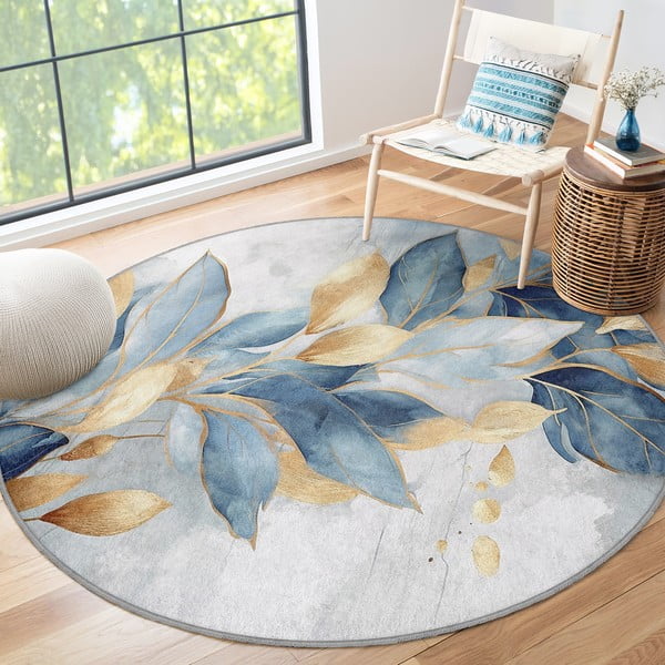 Синьо-златист кръгъл килим подходящ за пране ø 120 cm Golden Leaves – Mila Home-image-4
