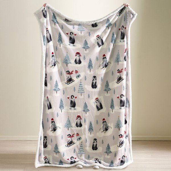 Бяло одеяло с коледен мотив 170x130 cm Christmas Sherpa Penguins – Catherine Lansfield-image-1