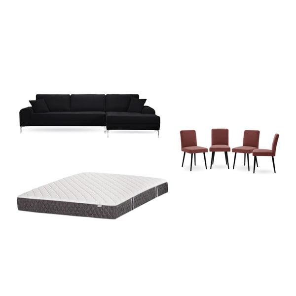 Комплект от черен диван с мързелив диван отдясно, 4 тухленочервени стола и матрак 160 x 200 cm - Home Essentials