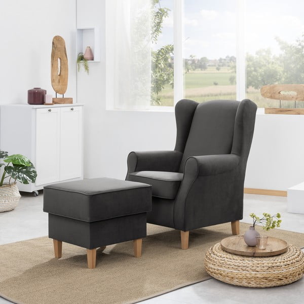 Антрацитно кадифено кресло с отоманка Lorris - Max Winzer-image-1