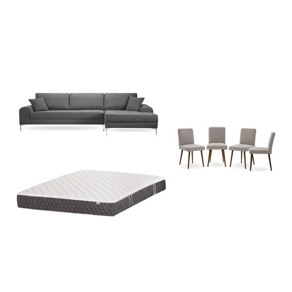 Комплект от сив диван с мързелив диван отдясно, 4 сиви и бежови стола и матрак 160 x 200 cm - Home Essentials