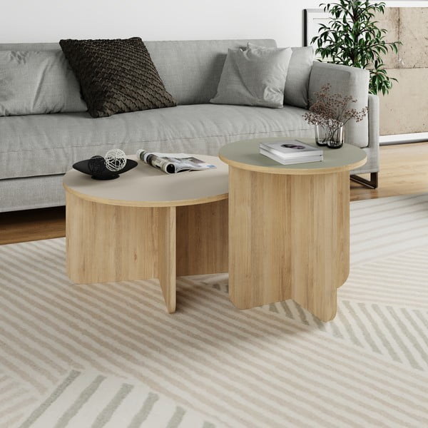 Кремави/естествени кръгли масички за кафе в комплект 2 бр. от декор от дъб  ø 70 cm Hillary – Marckeric-image-2