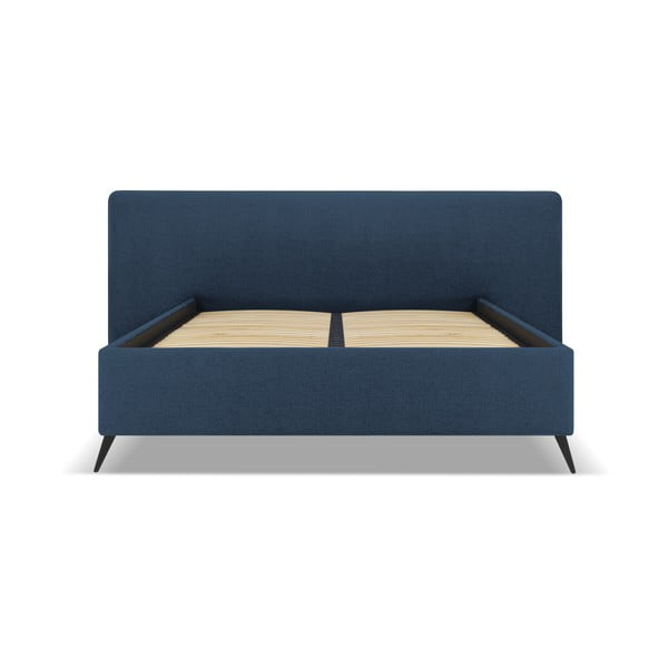 Тъмносиньо тапицирано двойно легло с място за съхранение и решетка 160x200 cm Walter - Milo Casa-image-1