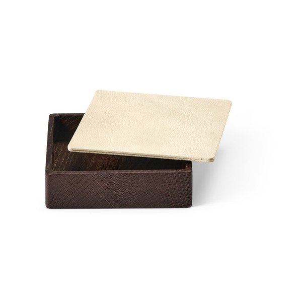 Дървена декоративна кутия за съхранение от еко кожа с капак в кафяв и кремав цвят 11x11x3,5 cm Square Nupo – LIND DNA-image-1