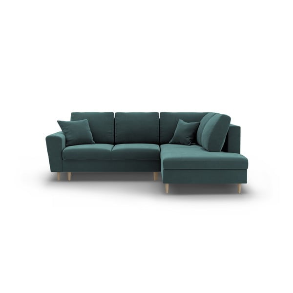 Кадифен разтегателен ъглов диван с място за съхранение в петролен цвят (десен ъгъл/L форма) Kyoto – Cosmopolitan Design