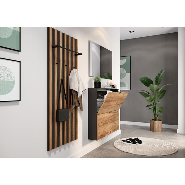 Накланяща се висяща стойка за обувки от декор от дъб в антрацитен и естествен цвят 100x85x19 cm Renell – Germania-image-2