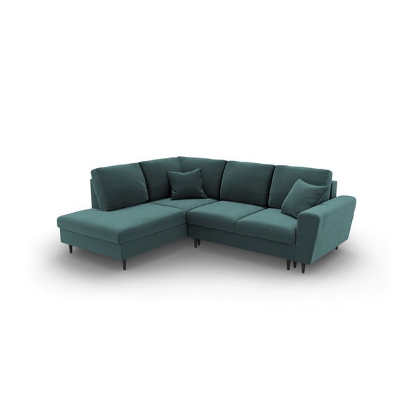 Кадифен разтегателен ъглов диван с място за съхранение в петролен цвят (ляв ъгъл/L форма) Kyoto – Cosmopolitan Design-image-1