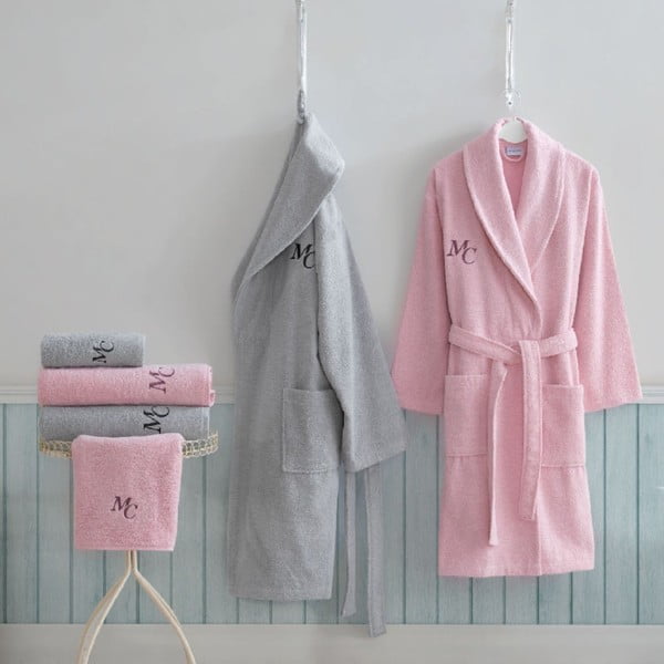 Комплект от дамски и мъжки халат, 2 хавлии и 2 кърпи за баня в сиво и розово Семейна баня - Unknown