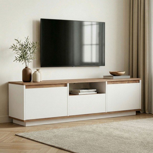 Бяла/в естествен цвят маса за телевизор от декор от бор 160x42x30 cm Sentinel – Kalune Design-image-1