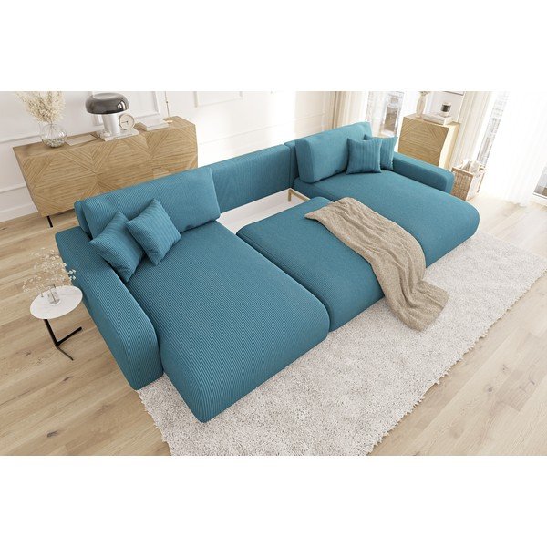 Тюркоазен ъглов диван с място за съхранение от рипсено кадифе Sara – Ropez-image-4