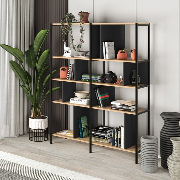 Етажерка за книги в дъбов декор в черно-натурален цвят 144x175 cm Alabama - Marckeric-image-4