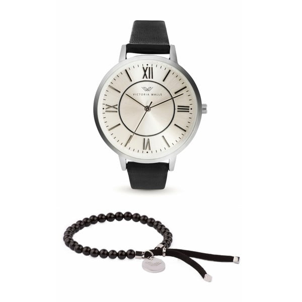 Set dámských hodinek s černým koženým řemínkem a náramku Victoria Walls Classy