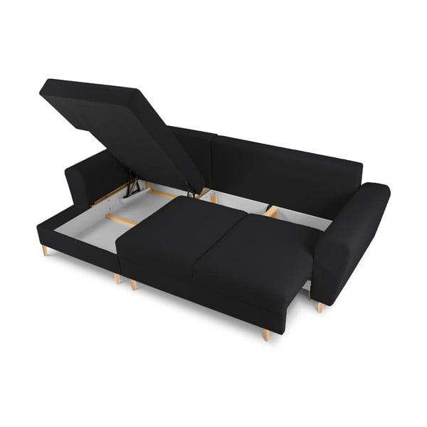 Черен разтегателен ъглов диван с място за съхранение от прежда с примки от букле (ляв ъгъл) Kyoto – Cosmopolitan Design-image-3