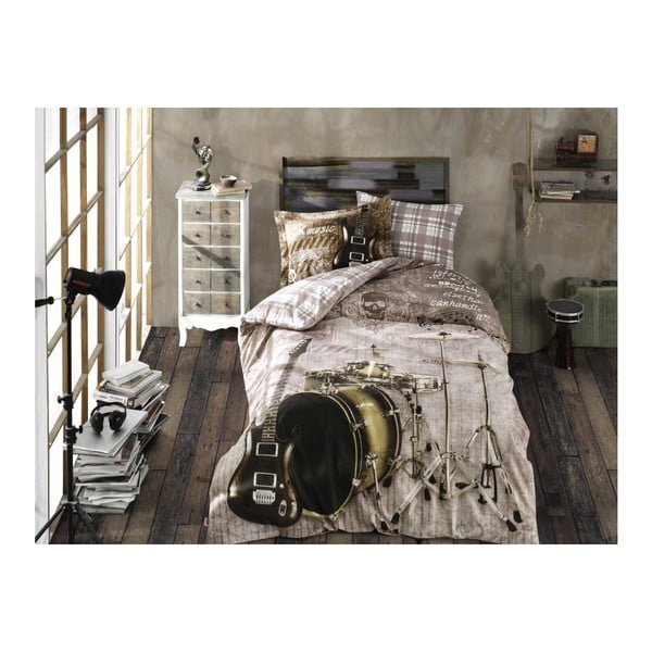 Спално бельо от памучен поплин с чаршаф за двойно легло Rock Music Brown, 160 x 220 cm - Mijolnir